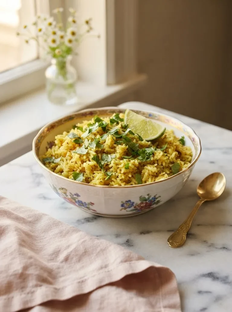 Foolproof moe's seasoned rice with lime and cilantro in a floral gold-rim bowl