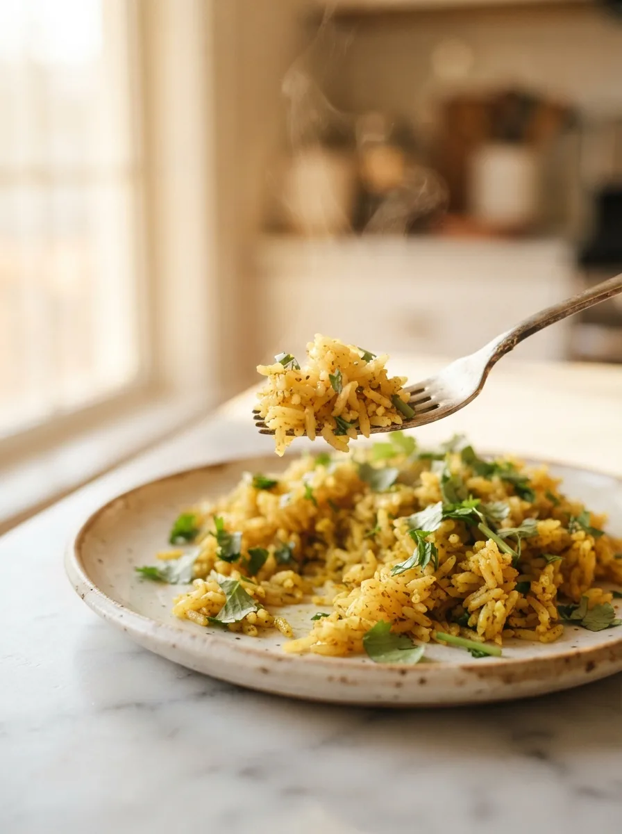 Fork lifting fluffy golden seasoned rice grains flecked with fresh cilantro
