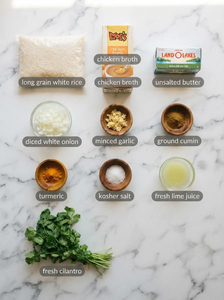 Ingredients for moe's seasoned rice measured into bowls: rice, broth, lime, cilantro