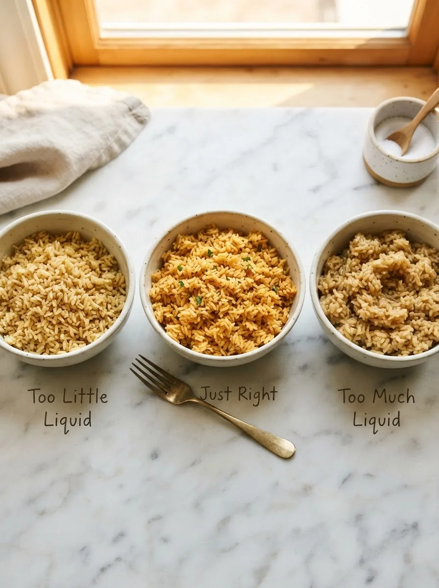 Three bowls comparing seasoned rice texture from too little to too much liquid