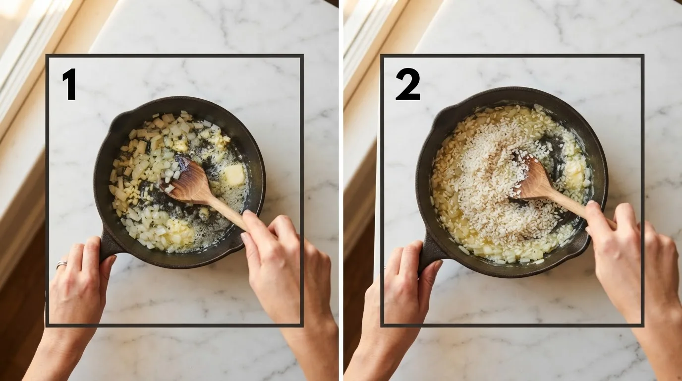 Stirring diced onion and garlic in melted butter for seasoned rice / Toasting raw rice grains in butter until glossy and coated
