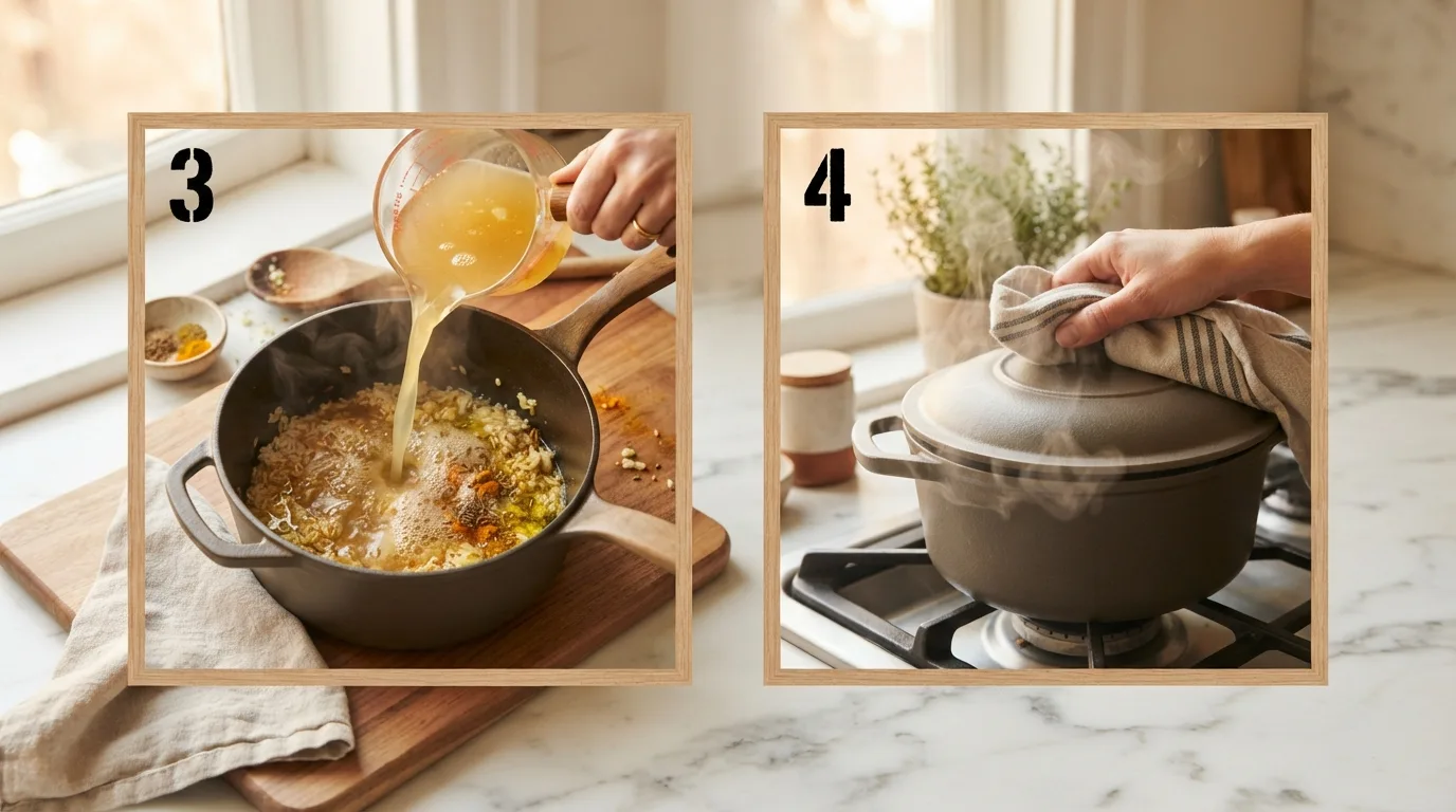 Pouring chicken broth and spices into rice before simmering / Covering the saucepan tightly with a lid to simmer seasoned rice