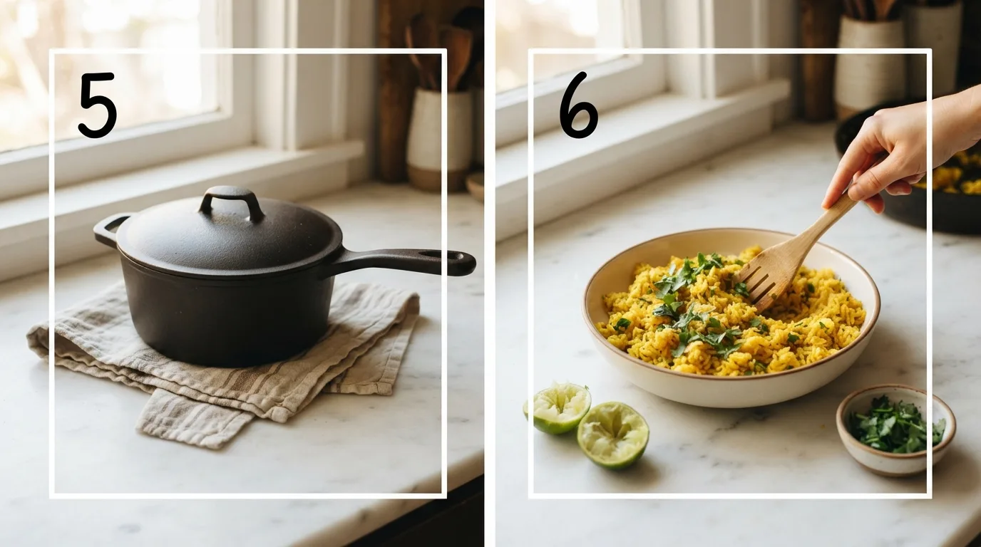 Covered saucepan resting off heat to finish steaming seasoned rice / Fluffing finished rice with fork while stirring in lime and cilantro