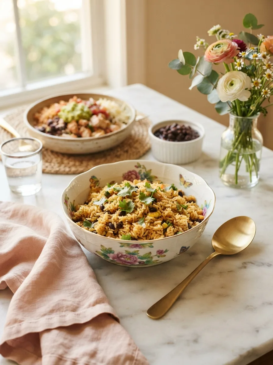 Moes seasoned rice served alongside a burrito bowl on a styled table