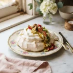Naomi Watts pavlova recipe with a crisp shell topped in whipped cream and fresh passionfruit