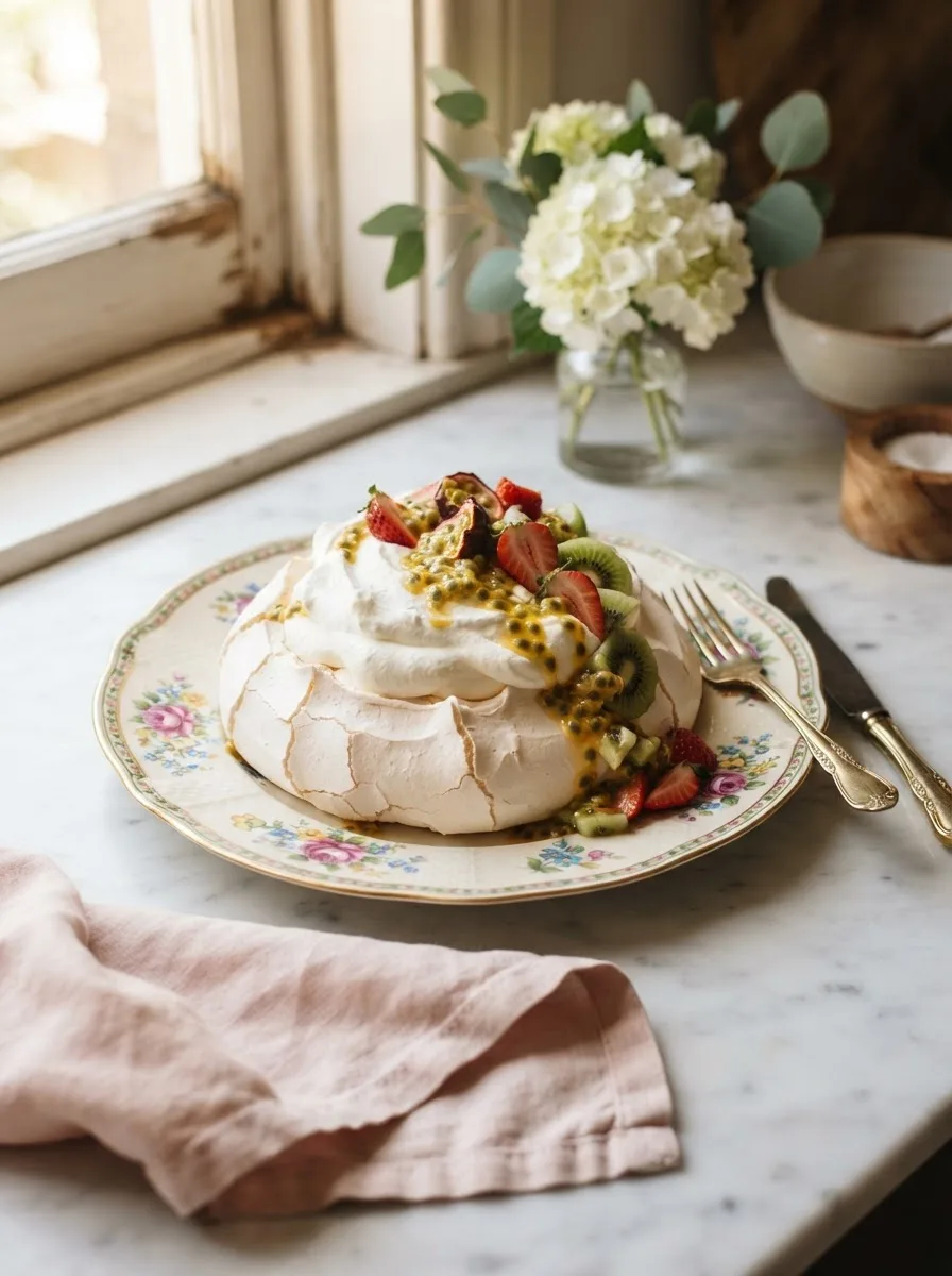 Naomi Watts pavlova recipe with a crisp shell topped in whipped cream and fresh passionfruit