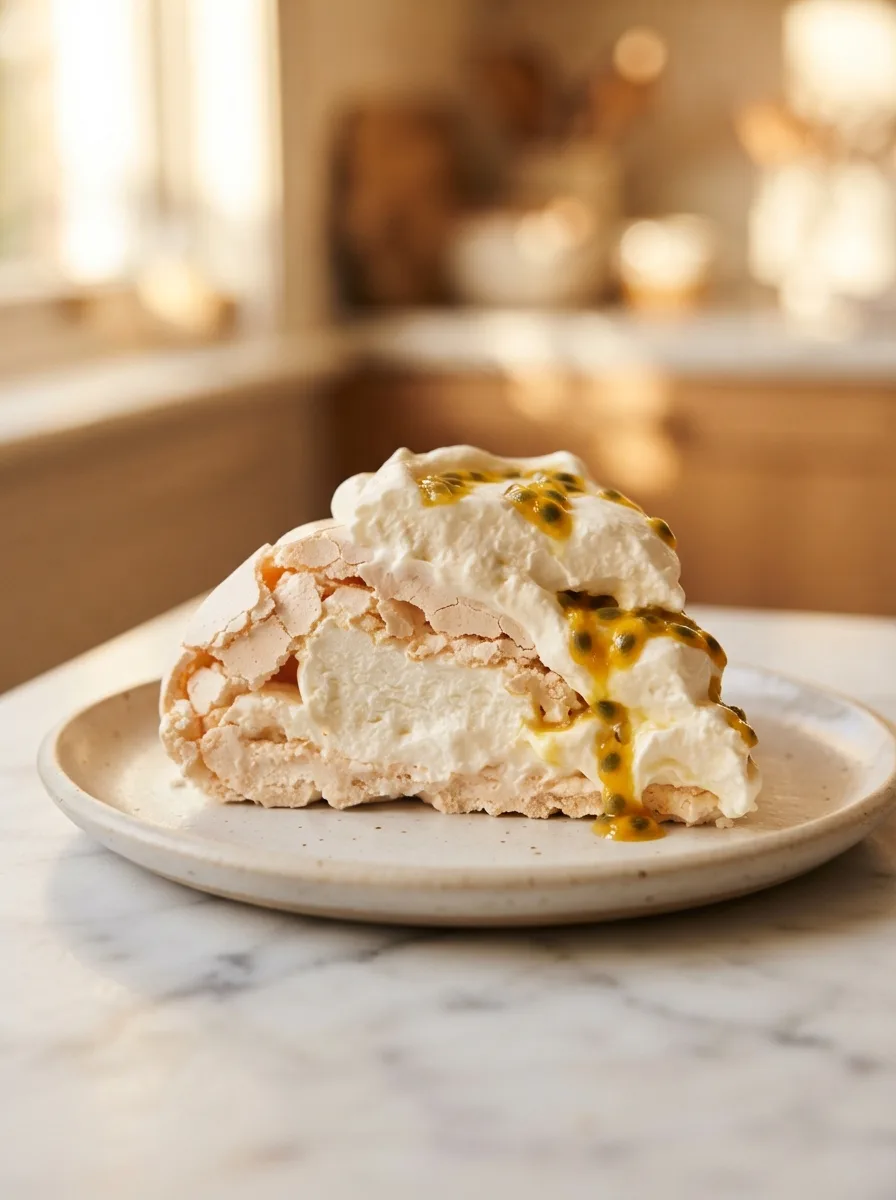 Sliced pavlova showing crisp shell and marshmallow-soft interior with passionfruit