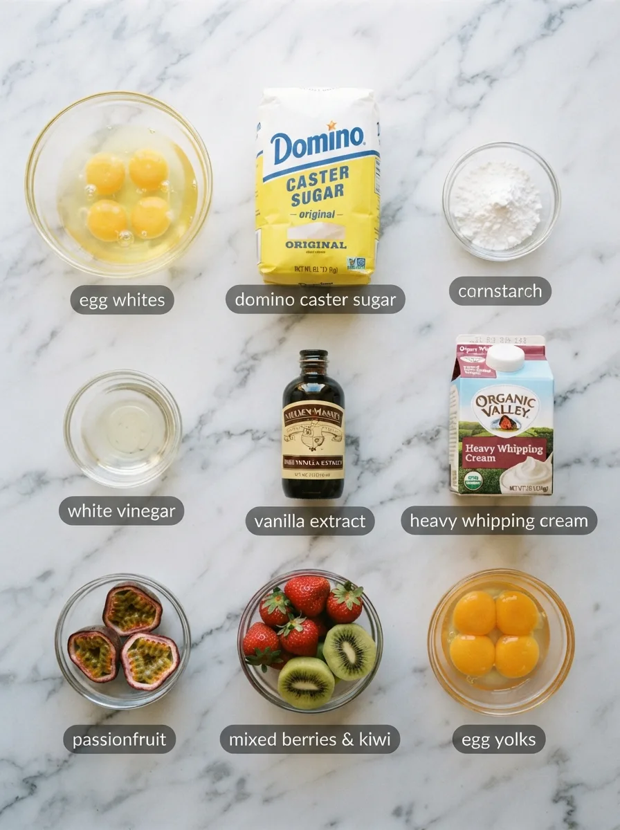 Ingredients for naomi watts pavlova recipe measured on a marble surface