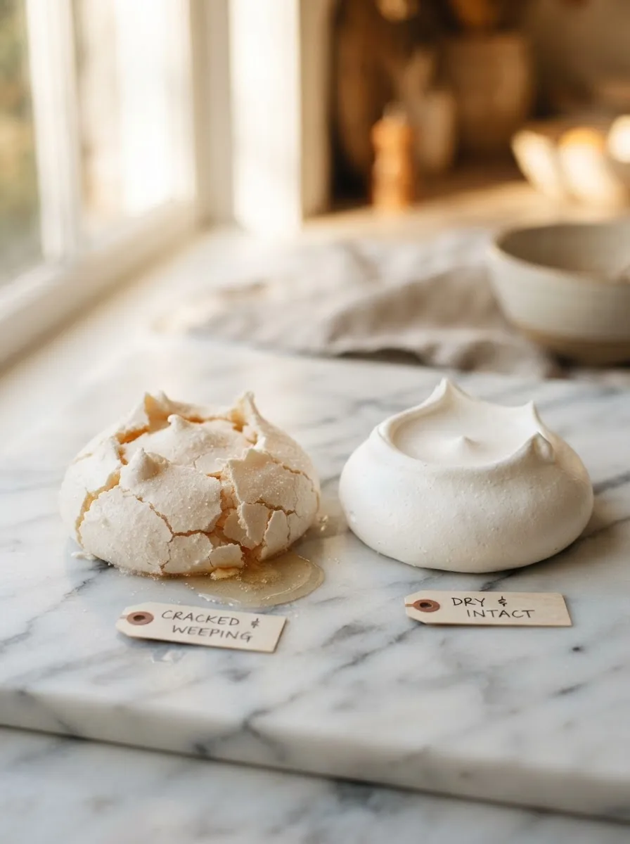 Comparison of a weeping cracked pavlova shell next to a dry intact pavlova shell