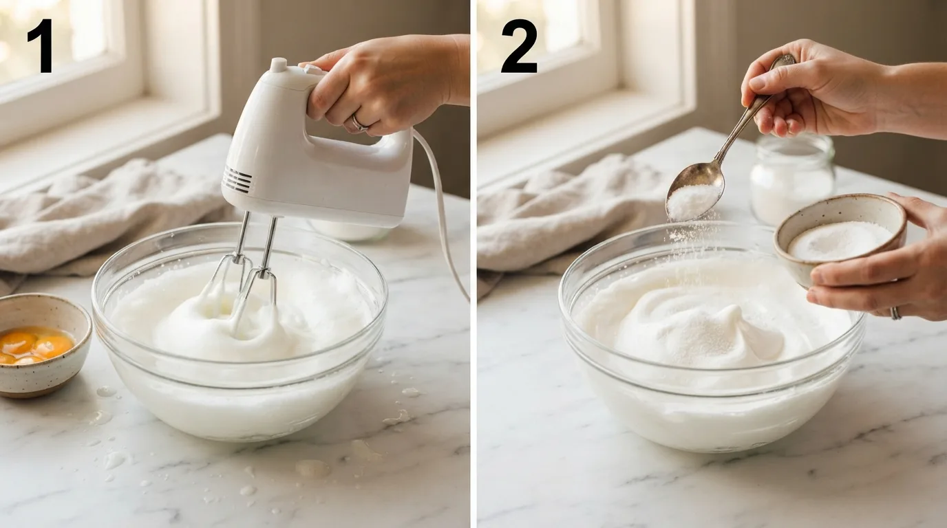 Whipping egg whites to soft peaks for pavlova meringue / Adding caster sugar gradually to whipped egg whites