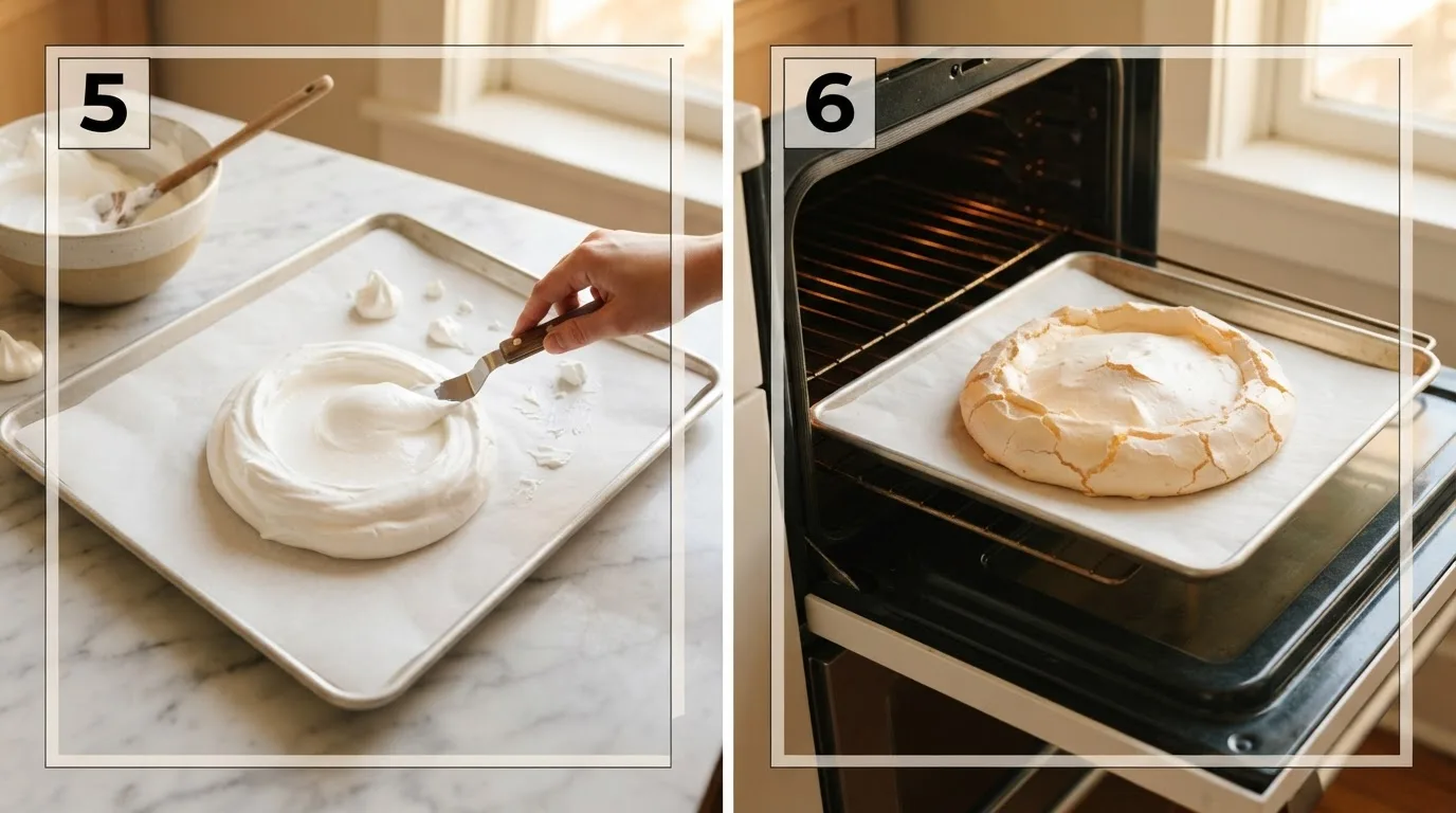 Shaping pavlova meringue into a circle with a shallow well / Baked pavlova shell cooling slowly inside the oven