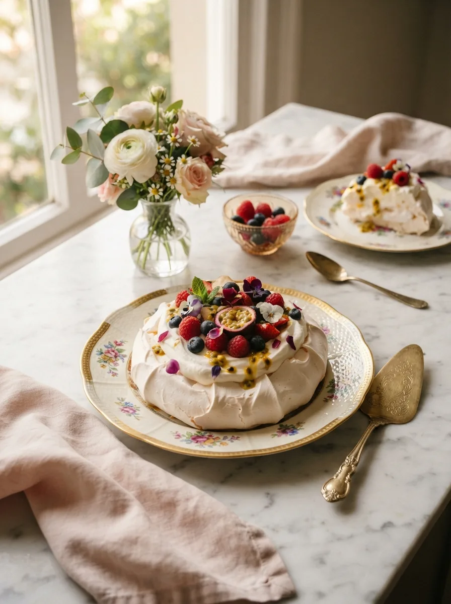Naomi Watts pavlova served on a table with fresh flowers and gold flatware