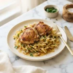 One pan chicken with buttered noodles in garlic butter sauce on a cream plate with gold flatware