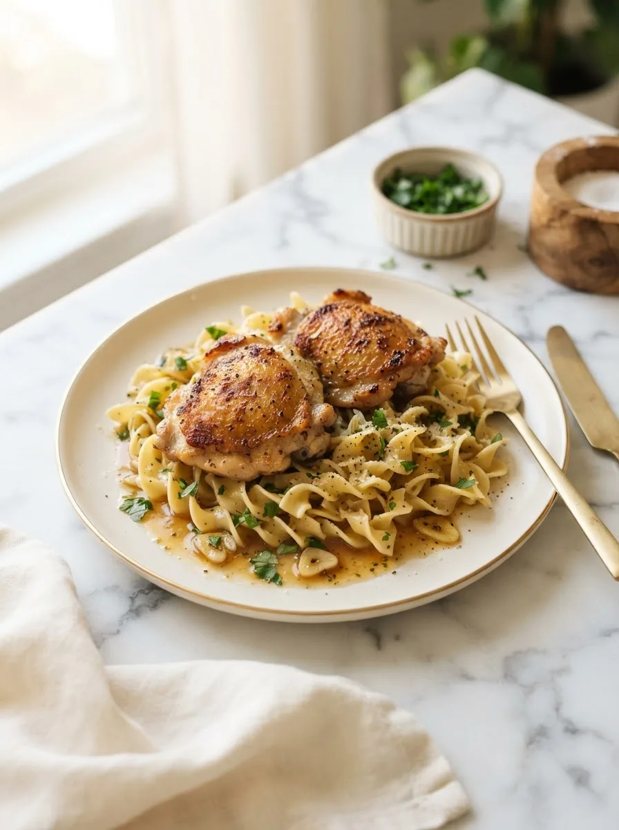 One pan chicken with buttered noodles in garlic butter sauce on a cream plate with gold flatware