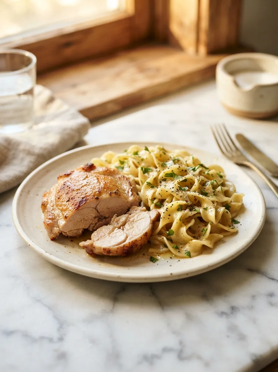 Sliced chicken thigh showing juicy interior beside buttery garlic noodles