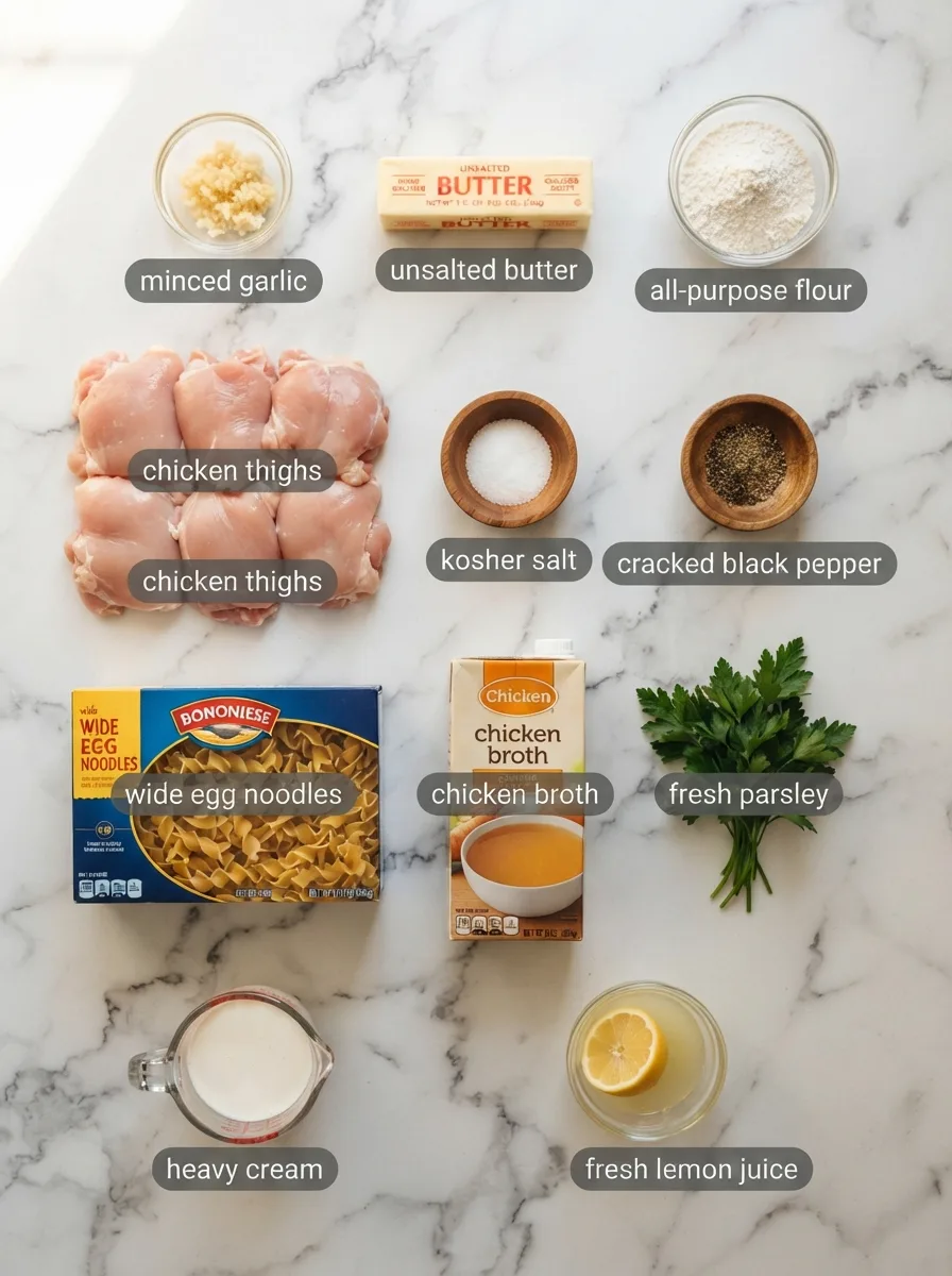 Ingredients for one pan chicken with buttered noodles arranged on marble