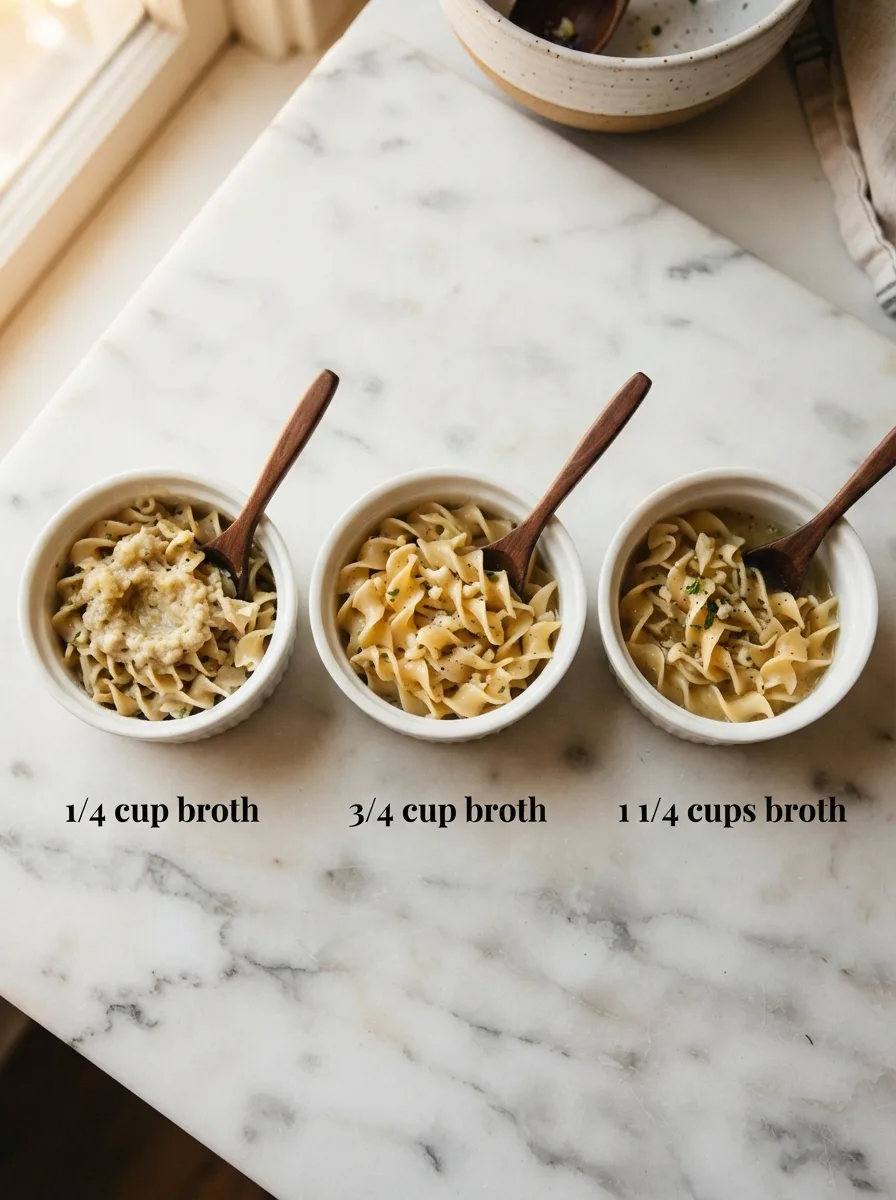 Comparison of three broth amounts showing sauce consistency in buttered noodles