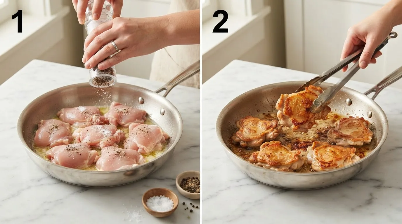 Seasoning raw chicken thighs with salt and pepper before searing / Lifting a golden seared chicken thigh with tongs from the skillet