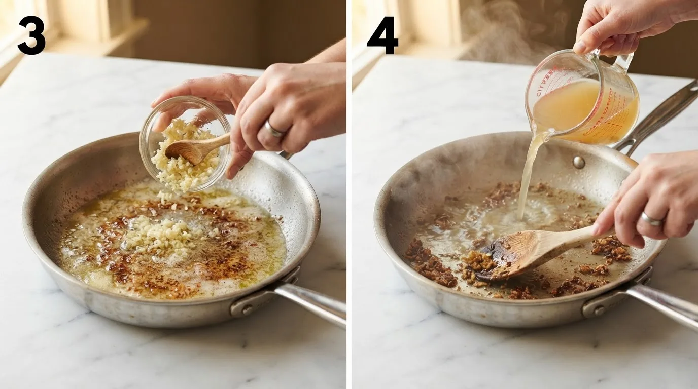 Adding minced garlic to butter in a skillet with browned bits / Pouring chicken broth into the skillet while scraping up the fond
