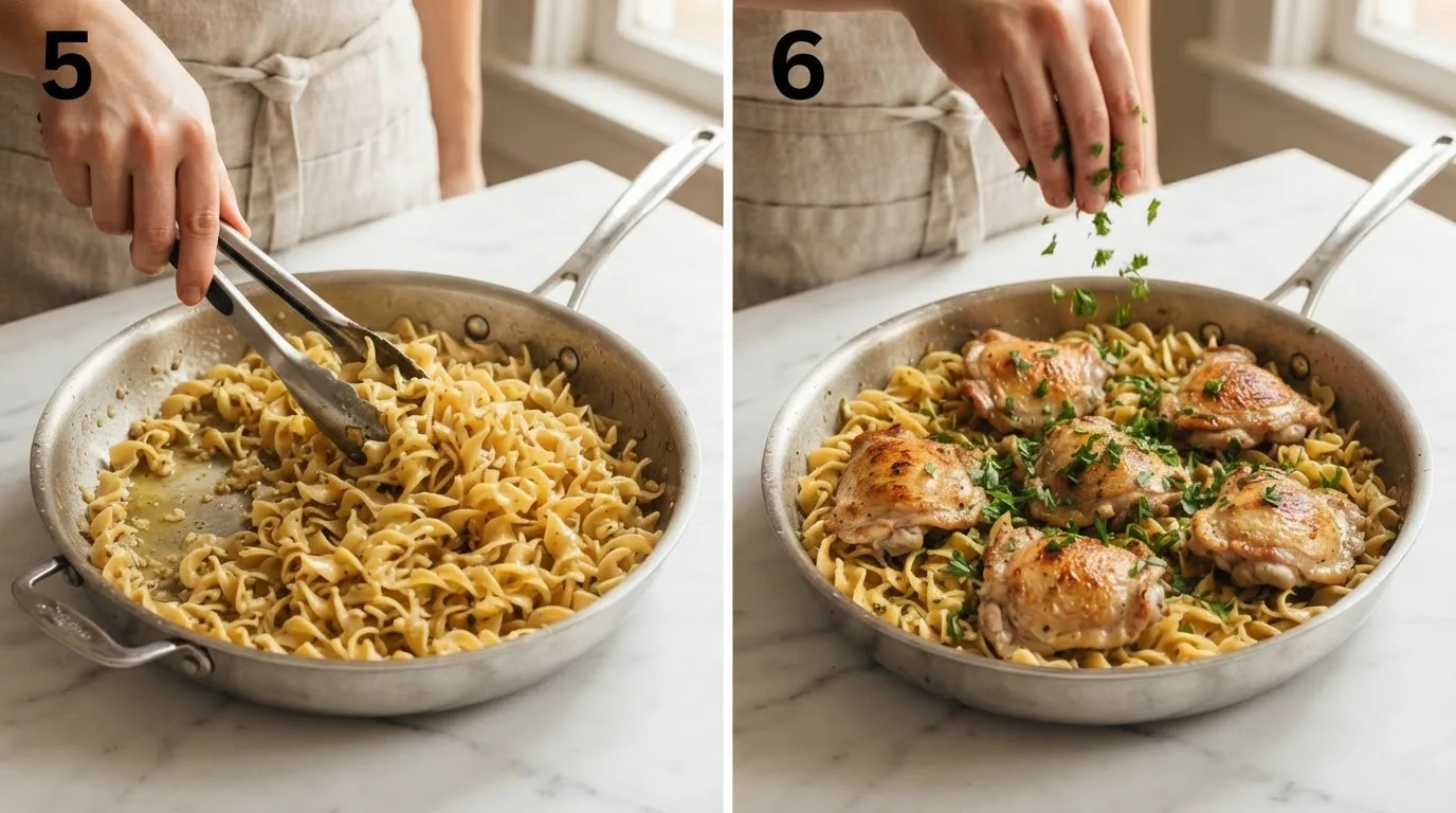 Tossing buttered noodles through garlic butter sauce with tongs / Sprinkling fresh parsley over chicken nestled on buttered noodles