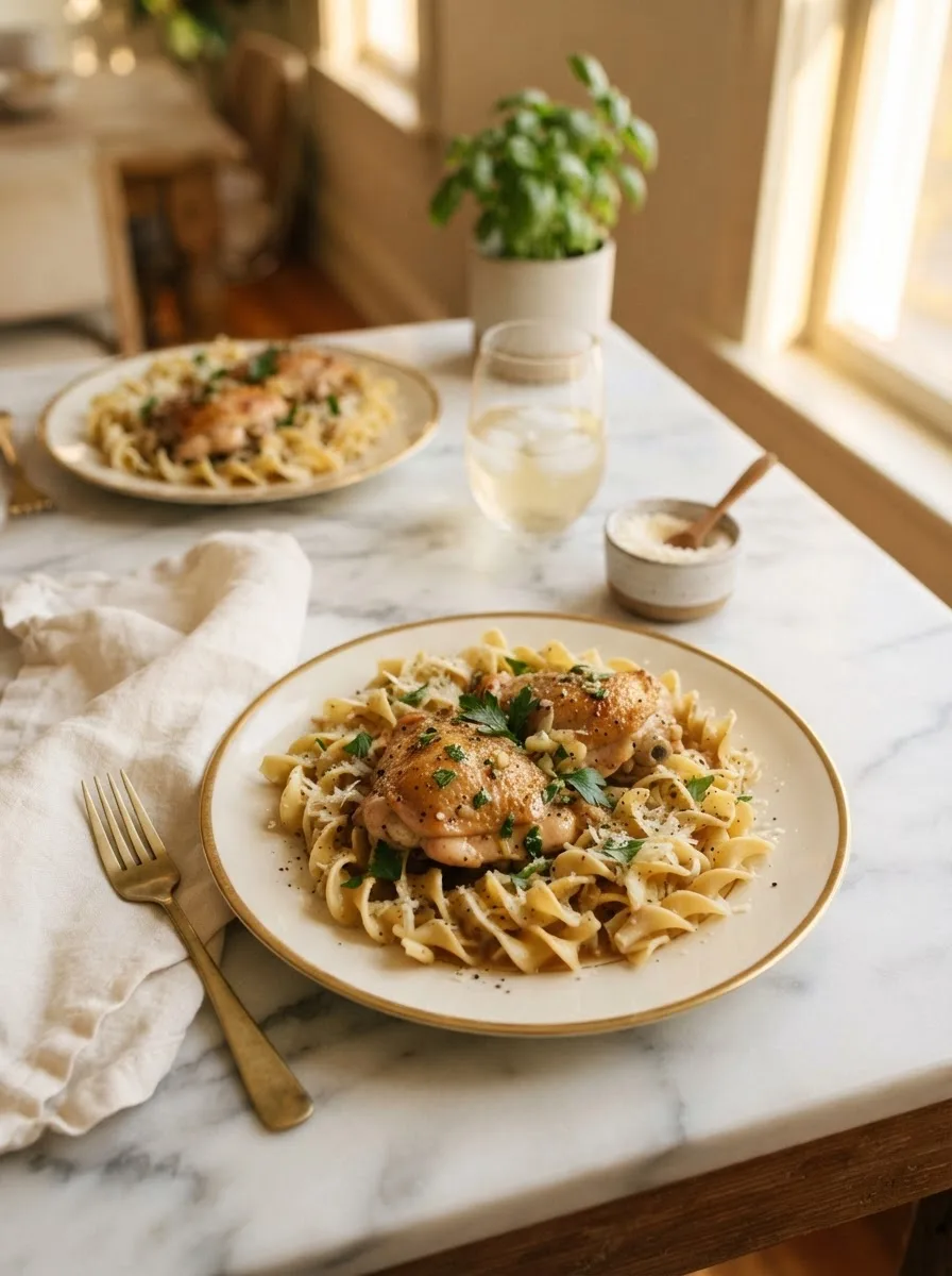 One pan chicken with buttered noodles served at a warmly lit dinner table