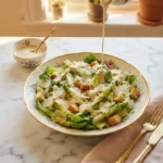 Original caesar salad dressing recipe drizzled over crisp romaine, parmesan, and croutons