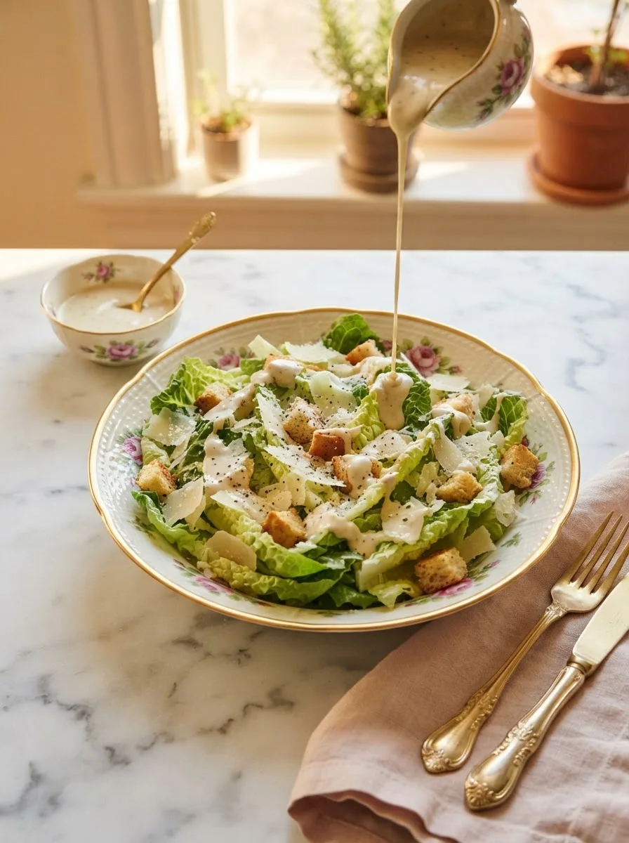 Original caesar salad dressing recipe drizzled over crisp romaine, parmesan, and croutons