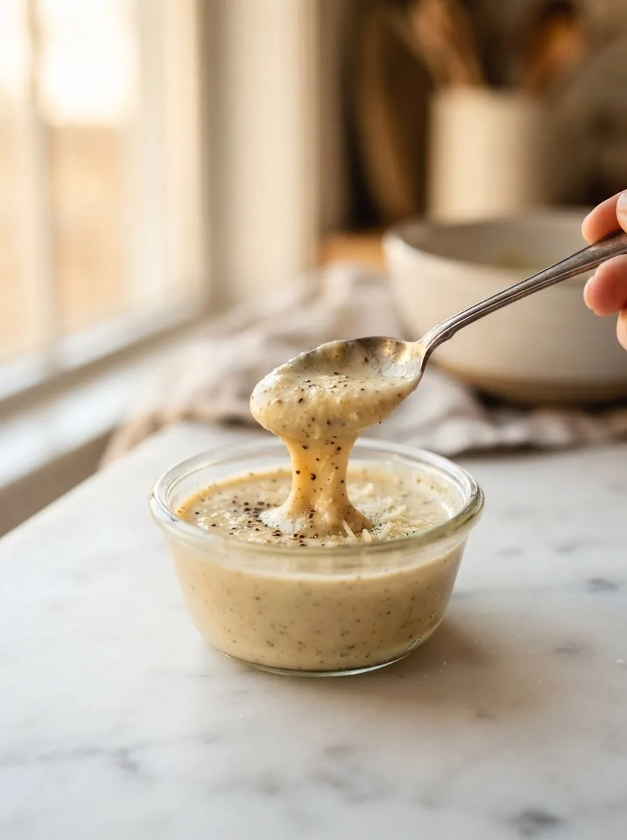 Creamy caesar dressing clinging to a lifted spoon in a smooth emulsified ribbon