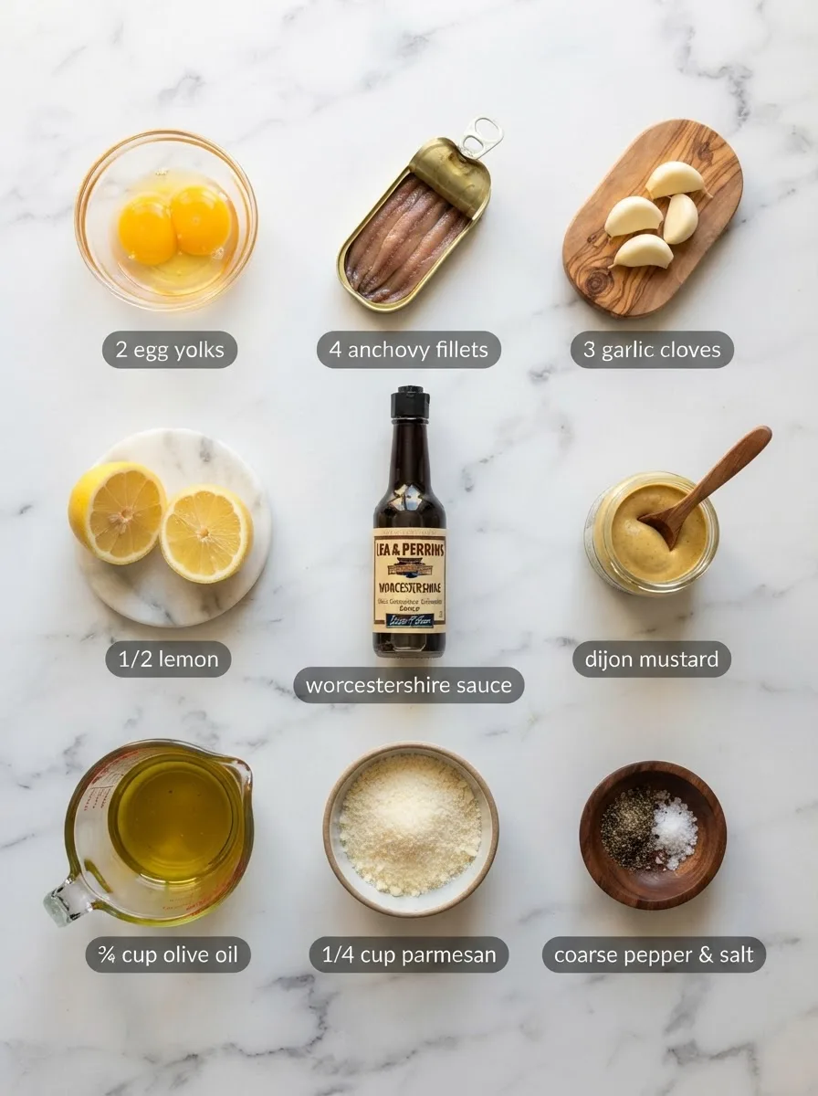 Ingredients for original caesar salad dressing recipe: egg yolk, anchovies, garlic, parmesan, olive oil