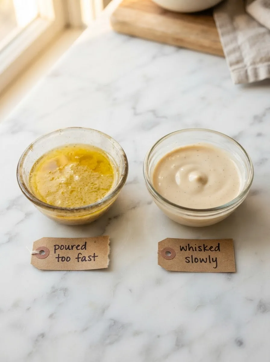 Side-by-side comparison of broken versus creamy emulsified caesar dressing