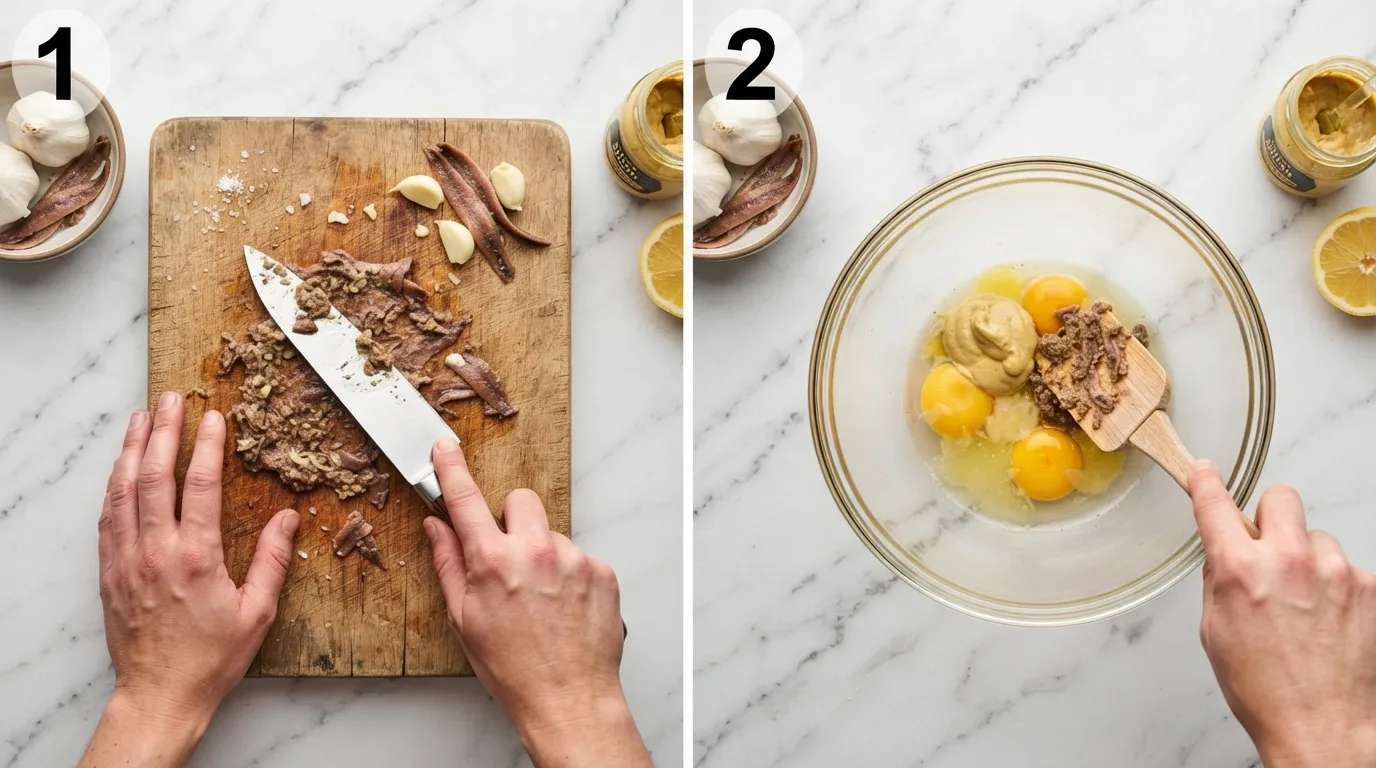 Mashing anchovy fillets and garlic into a paste with a knife / Scraping anchovy-garlic paste into a bowl with egg yolks and mustard