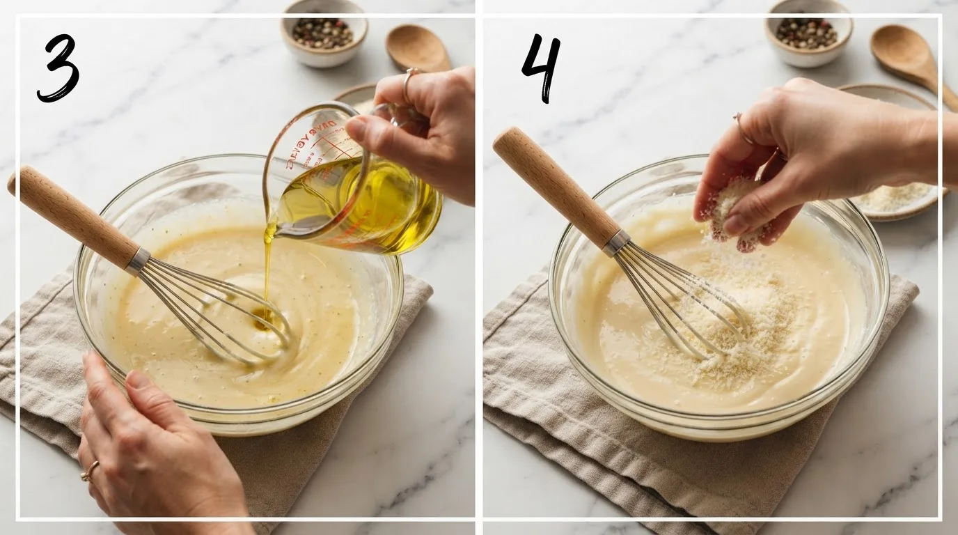 Streaming oil into whisked egg yolk base to build the emulsion / Sprinkling grated parmesan into thickened caesar dressing