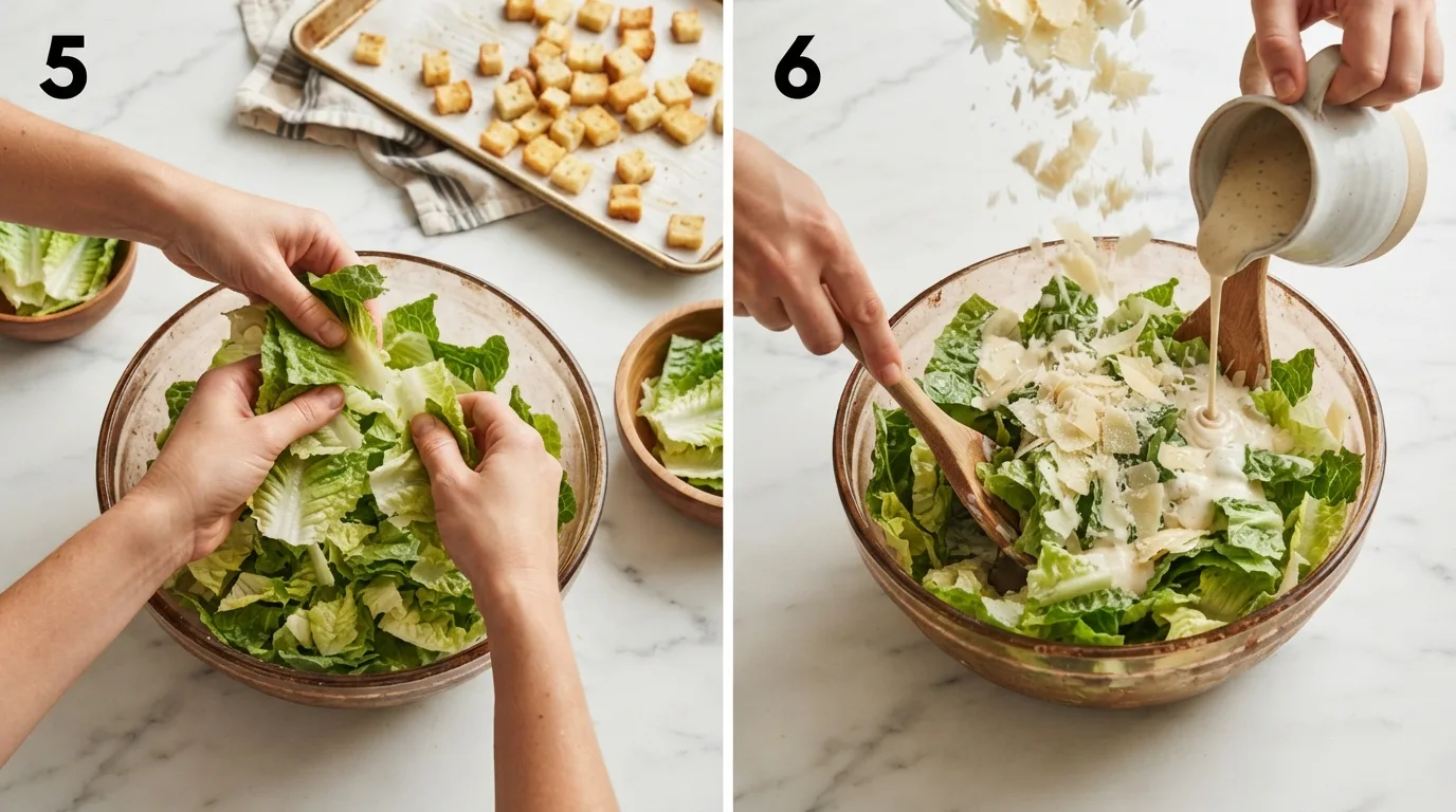 Tearing dry romaine lettuce into a bowl for caesar salad / Pouring caesar dressing over romaine and tossing with parmesan
