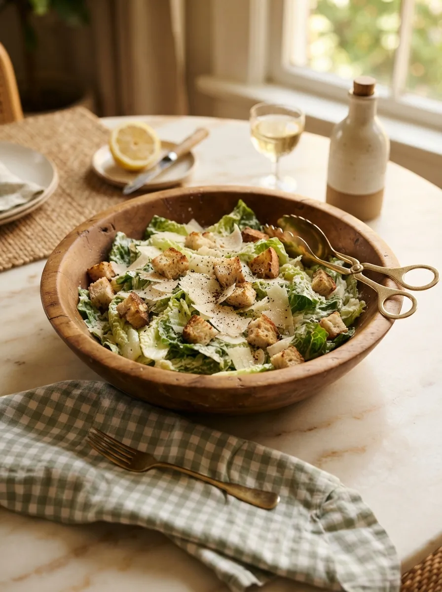 Original caesar salad recipe served family-style with lemon and parmesan