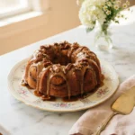 Whole pecan caramel cinnamon roll pound cake with glossy caramel dripping down a golden bundt cake