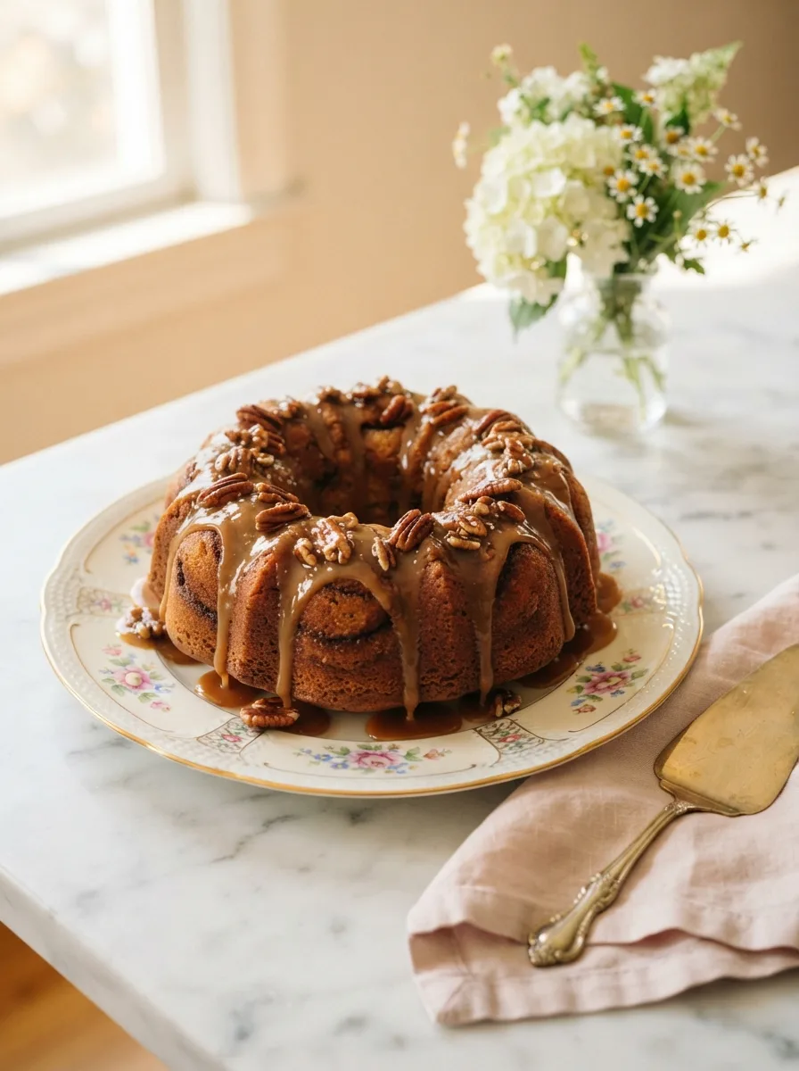 Whole pecan caramel cinnamon roll pound cake with glossy caramel dripping down a golden bundt cake