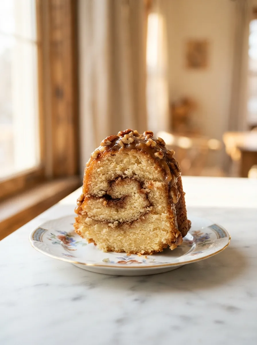 Sliced pecan caramel cinnamon roll cake showing cinnamon swirl and caramel-soaked crumb