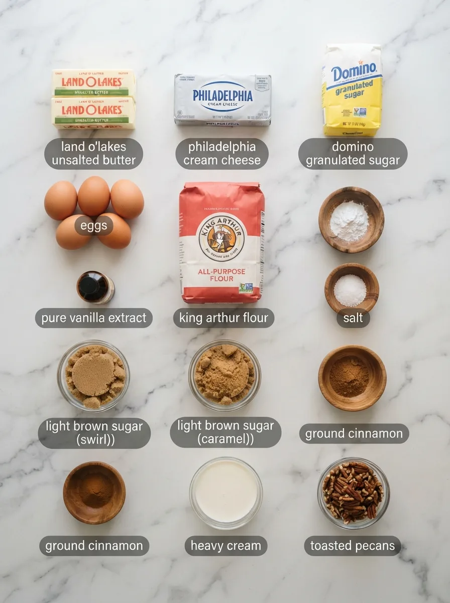 Ingredients for pecan caramel cinnamon roll pound cake measured into bowls: butter, cream cheese, flour, pecans