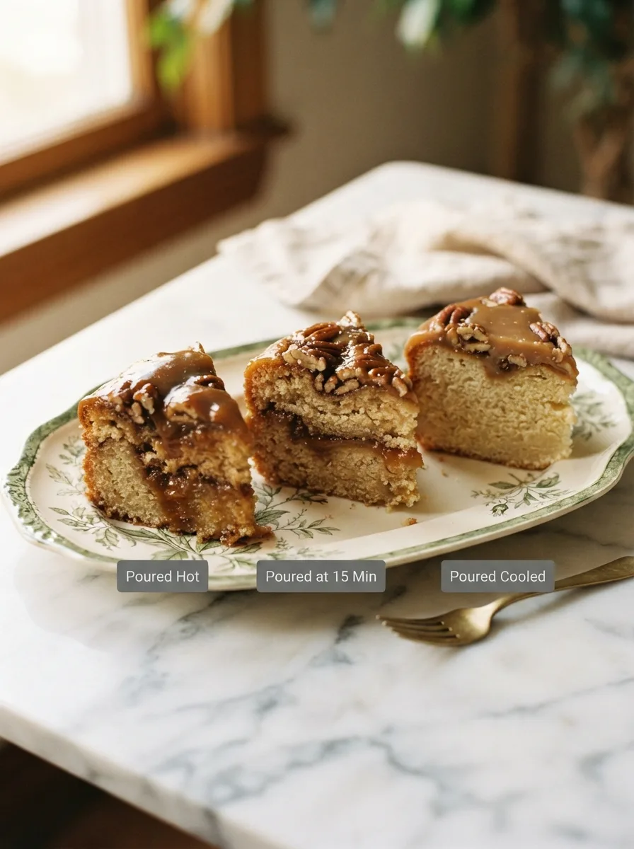 Comparison of caramel soak into cake poured hot, at 15 minutes, and fully cooled