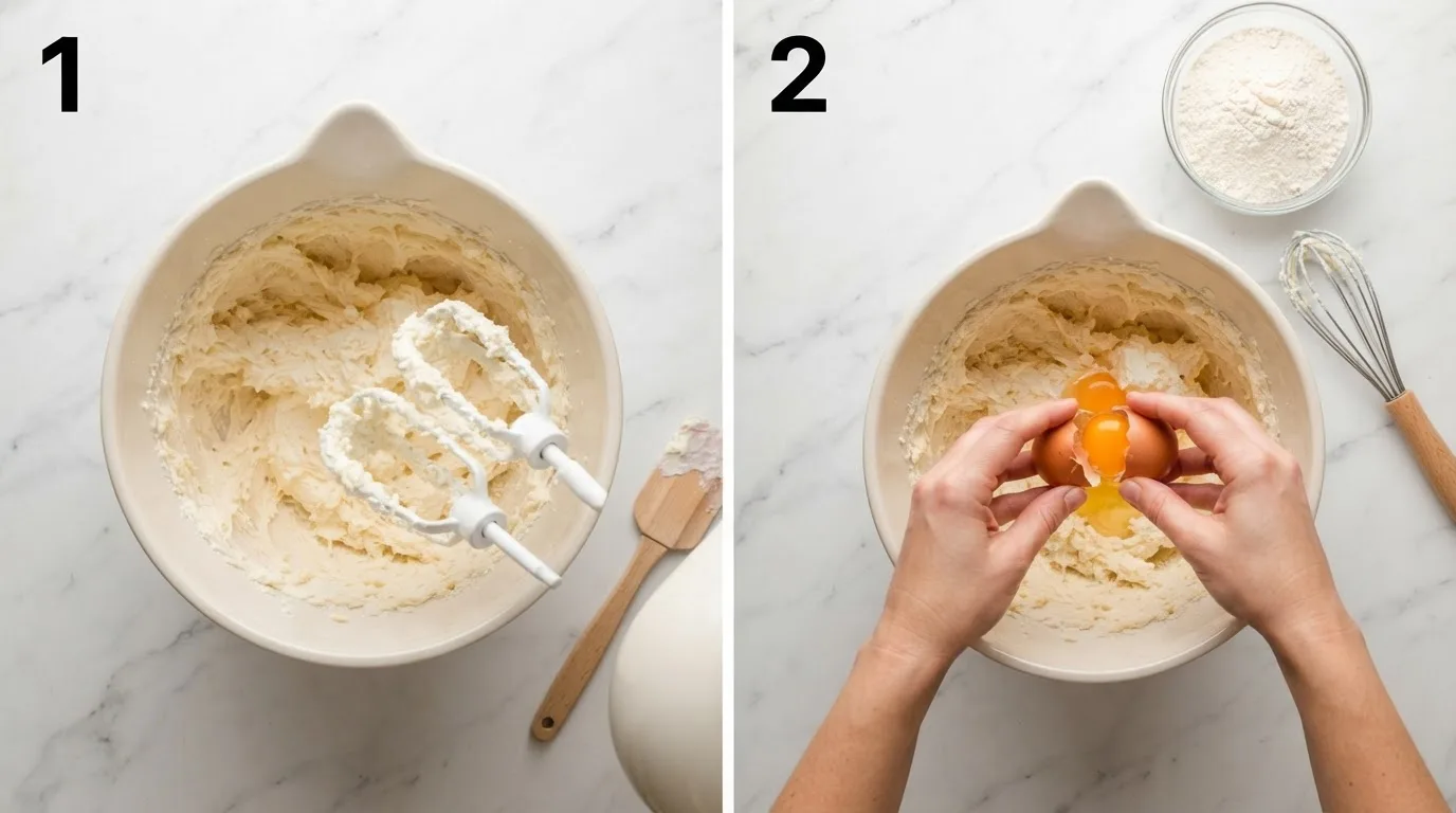 Creaming butter and cream cheese until pale and fluffy in a stand mixer bowl / Cracking an egg into cream cheese pound cake batter with flour bowl nearby