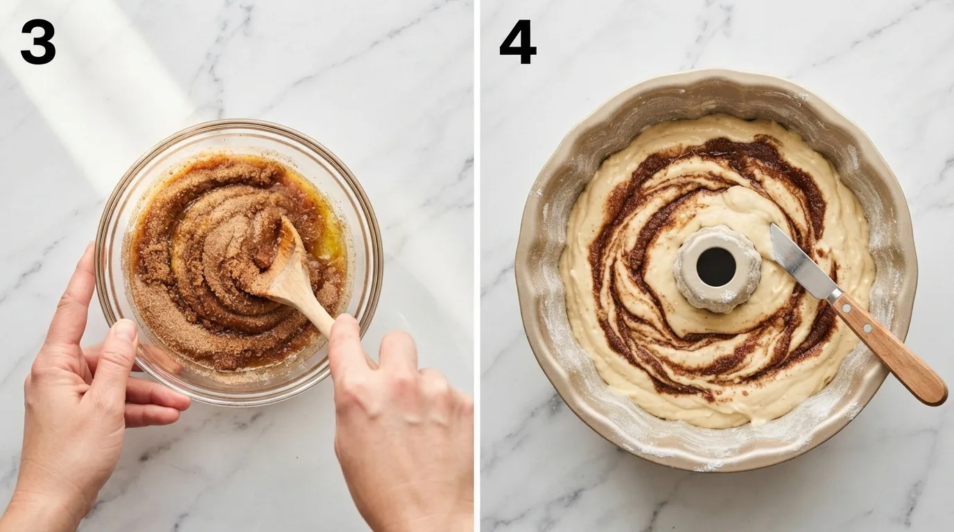 Stirring cinnamon sugar swirl paste with melted butter in a glass bowl / Dragging a knife through cinnamon swirl and batter in a gold bundt pan