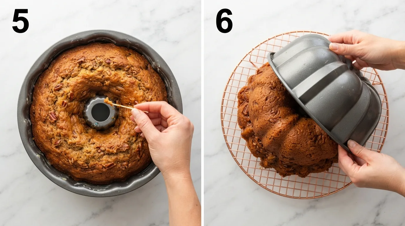Toothpick test showing moist crumbs on a baked pecan caramel pound cake / Inverting a bundt cake pan onto a copper wire cooling rack