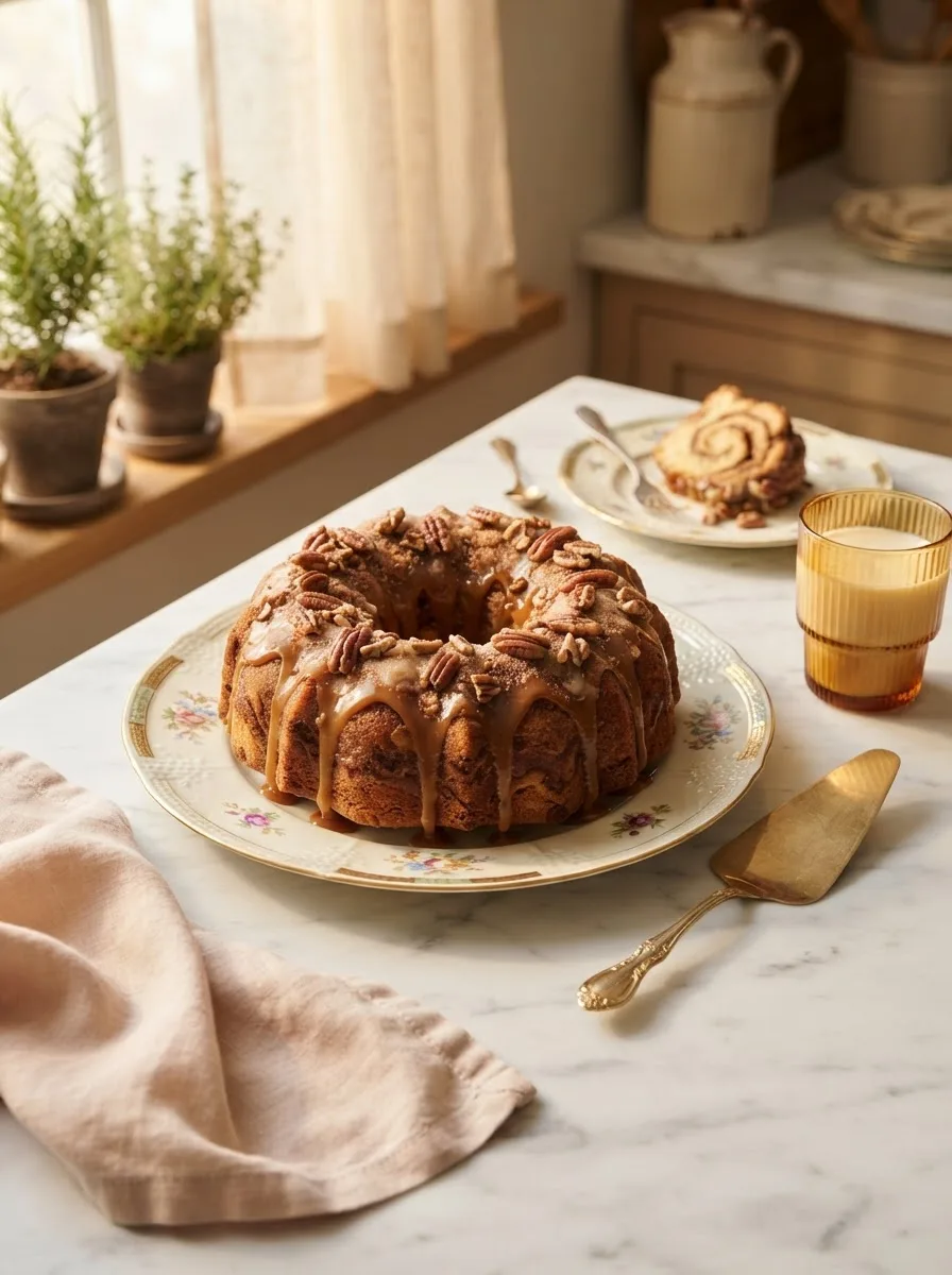 Bundt cake table scene with pecan caramel cinnamon roll pound cake and glass of milk