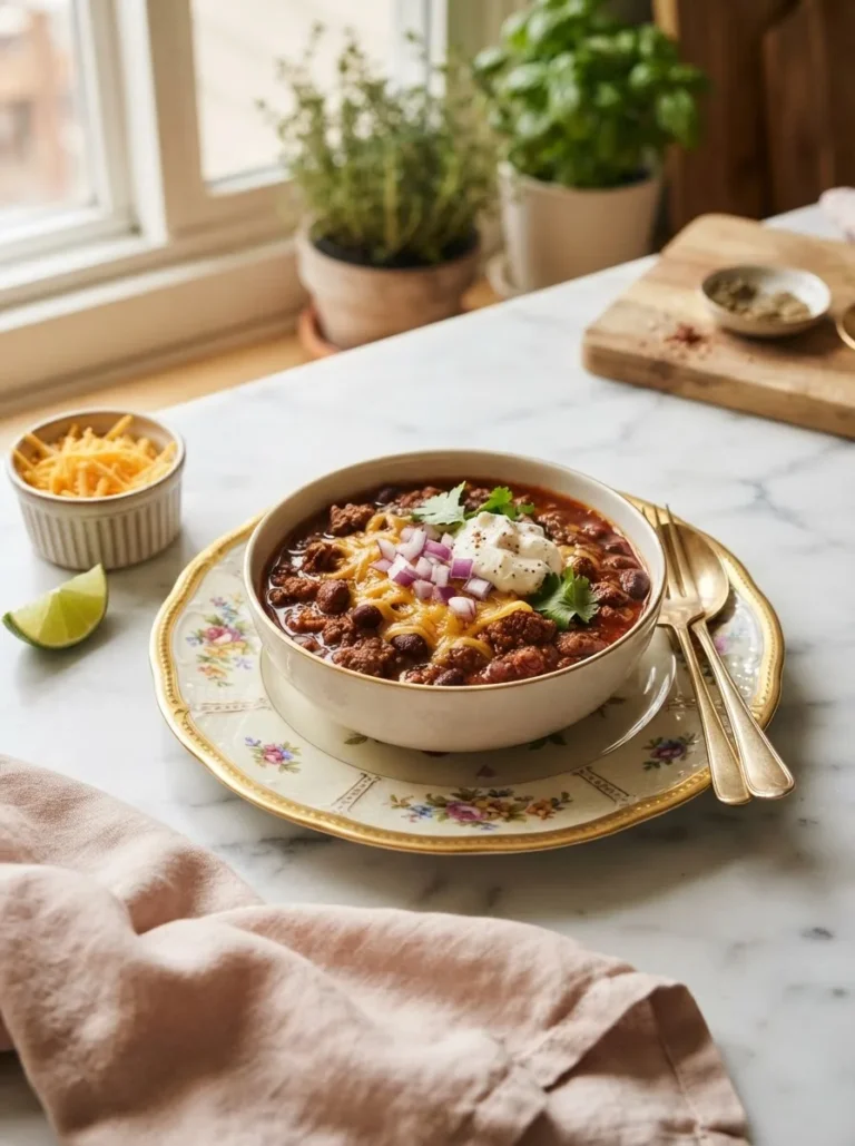 Bowl of thick pepperbellypete chili recipe topped with cheddar, onion, and sour cream