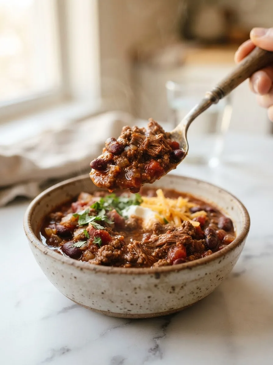 Spoon lifting thick, glossy pepperbelly pete chili showing tender beef chunks