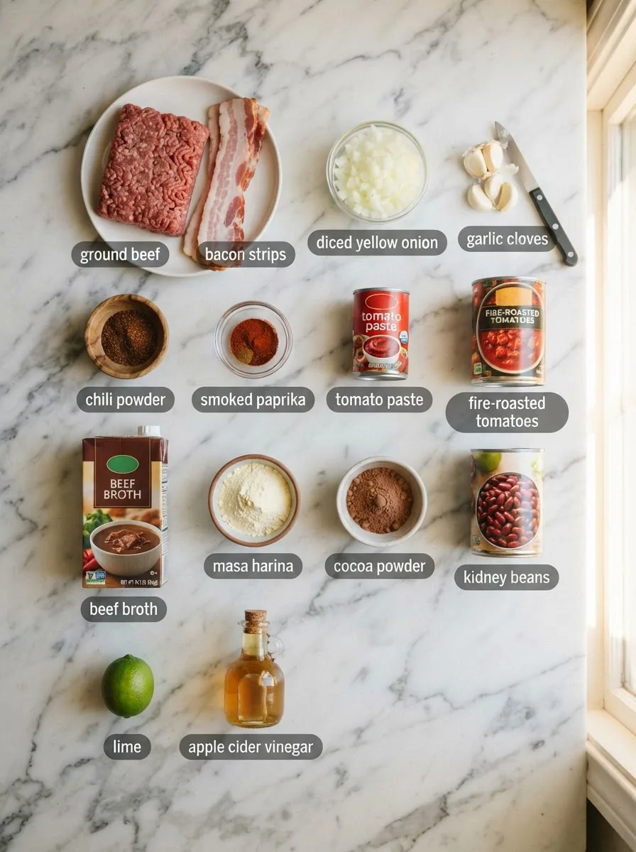 Ingredients for pepperbelly pete chili laid out on marble including beef, chiles, and masa