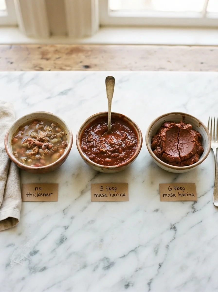 Comparison of pepperbelly pete chili with no thickener, three tablespoons masa, and six tablespoons masa