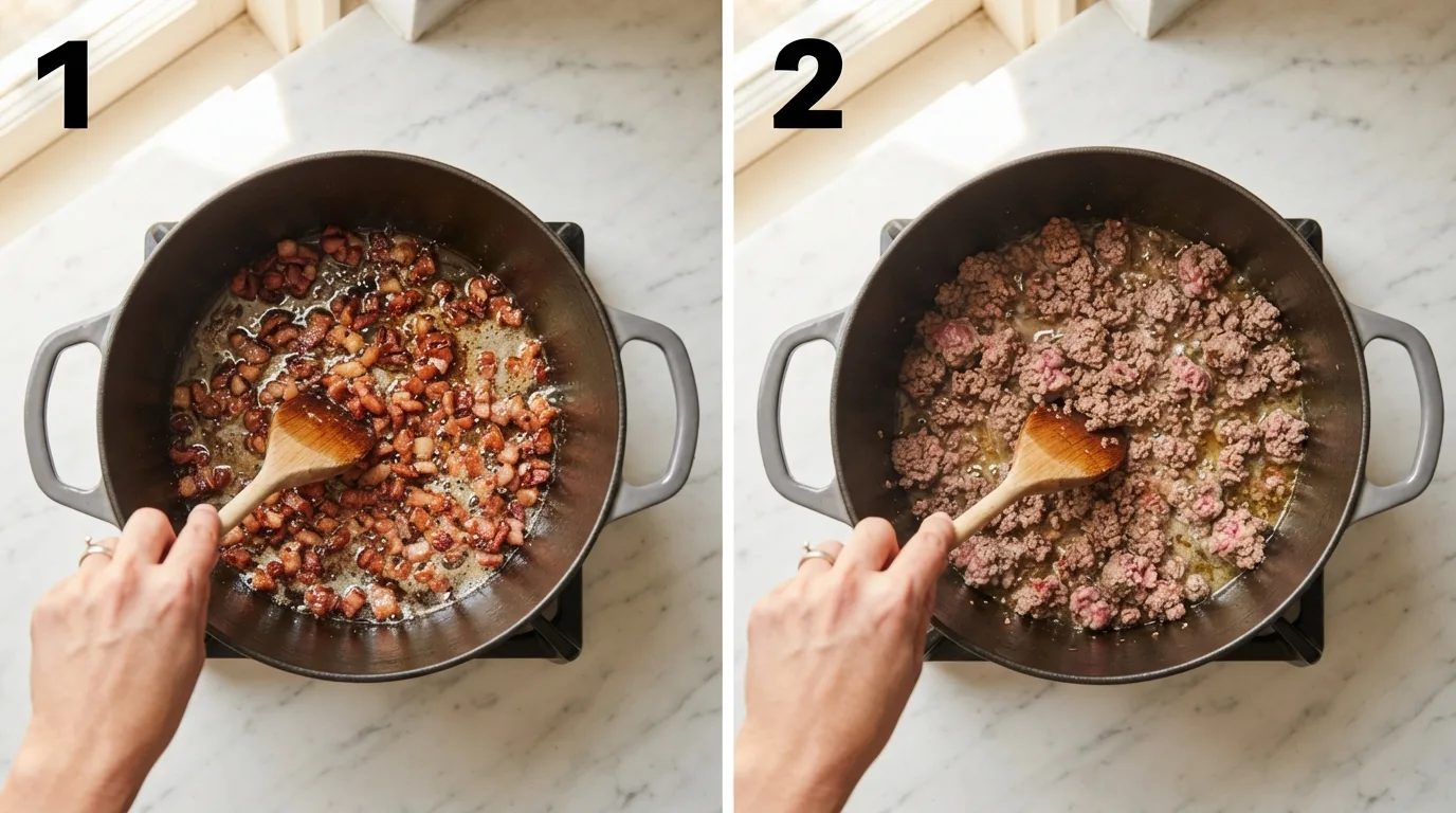 Diced bacon rendering in a Dutch oven for pepperbelly pete chili / Ground beef browning in bacon fat with a wooden spoon