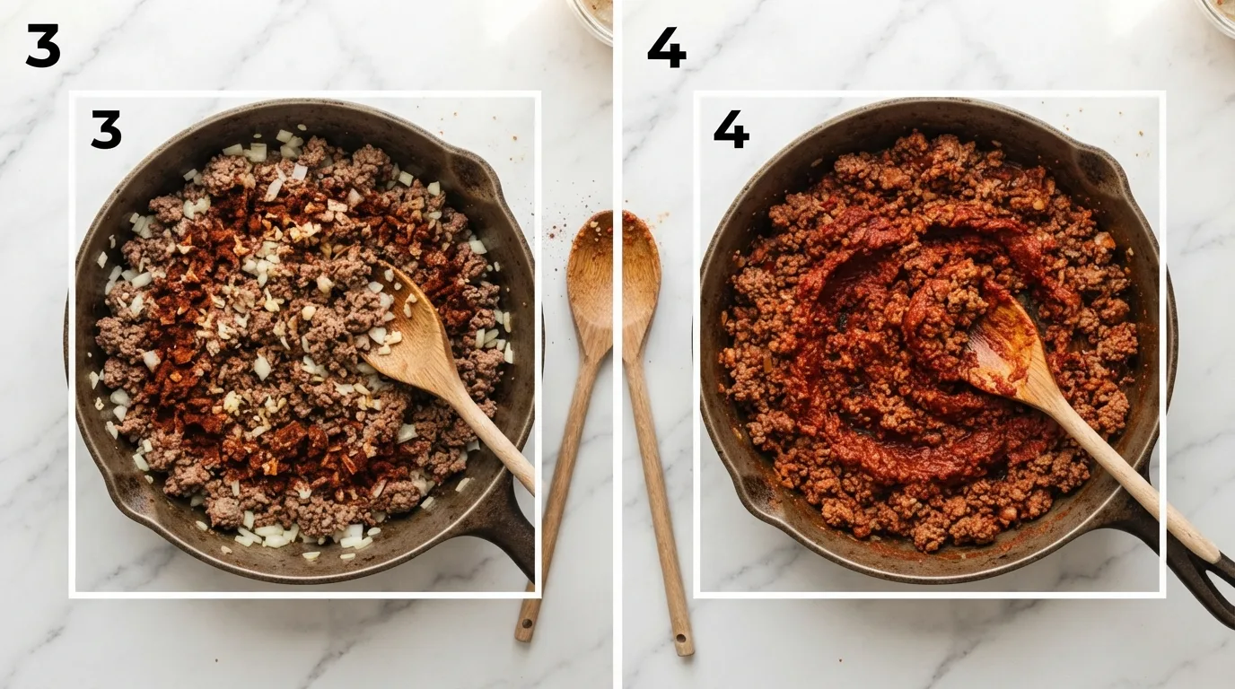 Onion, garlic, and chili powder being stirred into browned beef / Tomato paste being stirred into the chili base until deep red