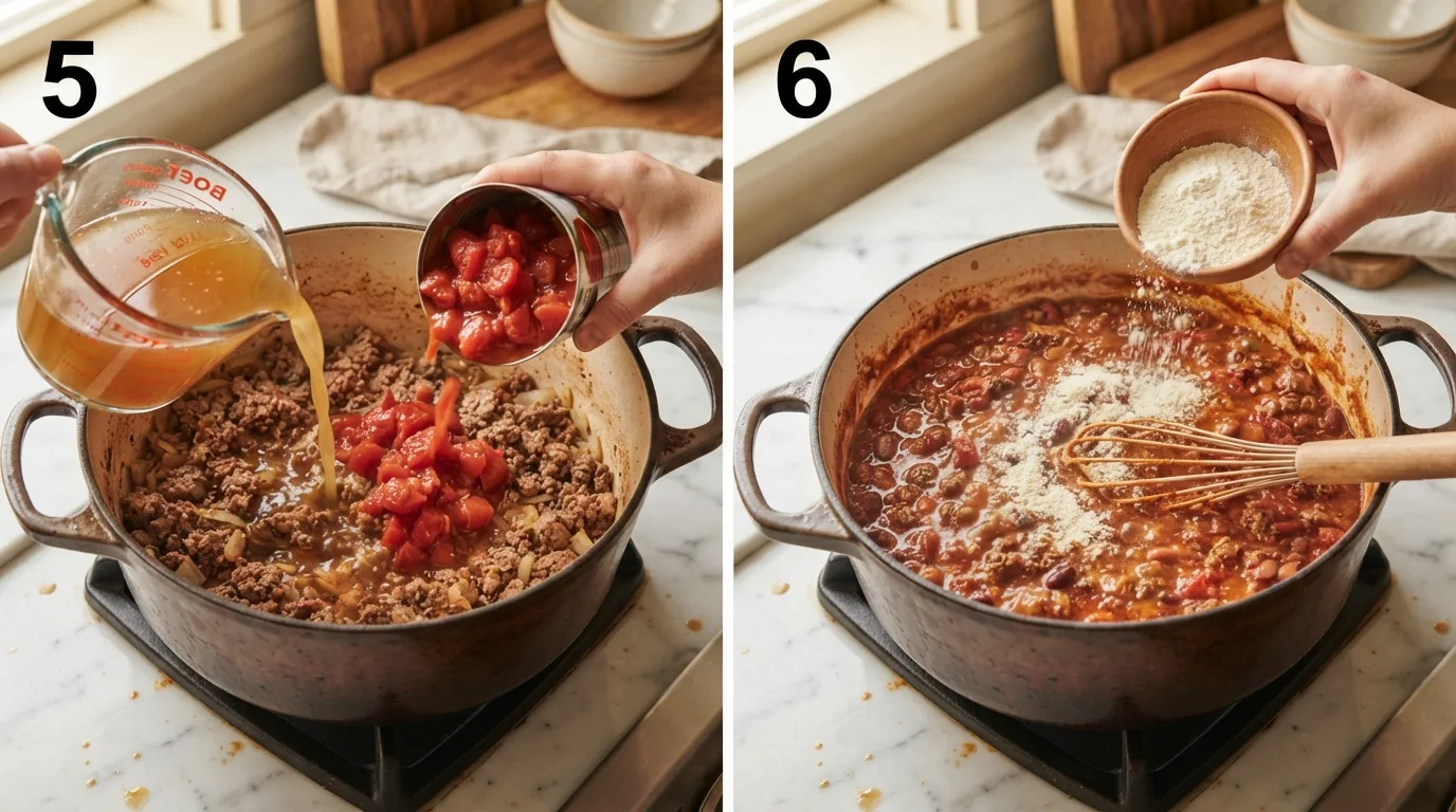 Beef broth and diced tomatoes being poured into the chili base / Masa harina being whisked into simmering chili to thicken it